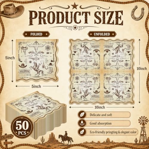 Western Cowboy Cocktail Paper Napkins with Scalloped Edges - 50 Pack