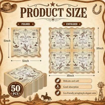 Western Cowboy Cocktail Paper Napkins with Scalloped Edges - 50 Pack