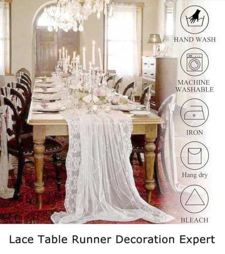 12x120-Inch Off-White Lace Table Runner with Scalloped Edges & Eyelash Trim - Elegant Farmhouse Decor