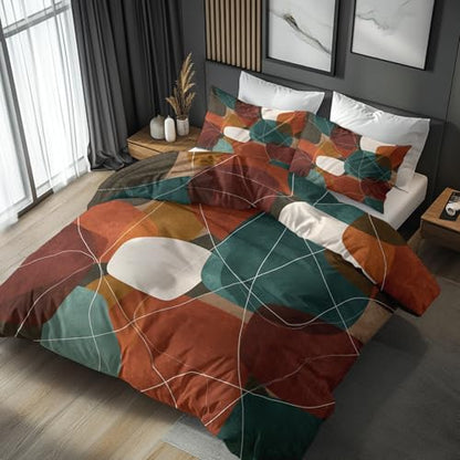 Geometric Abstract Duvet Cover Set Queen Size 3 Piece Terracotta & White
