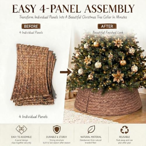 24 Inch Water Hyacinth Christmas Tree Collar - Brown Wash, Rustic Holiday Decor