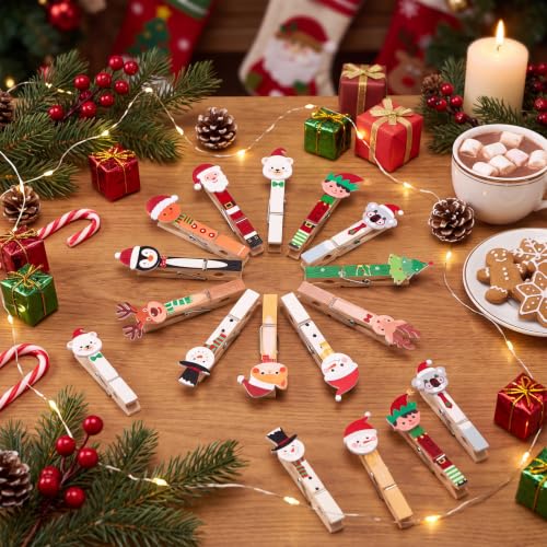 Christmas Wooden Clothespins Set of 60 with Holiday Animal & Festive Designs