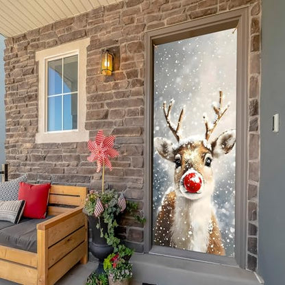 Christmas Door Cover Decoration Red Reindeer Holiday Front Door Banner 35x79 Inch