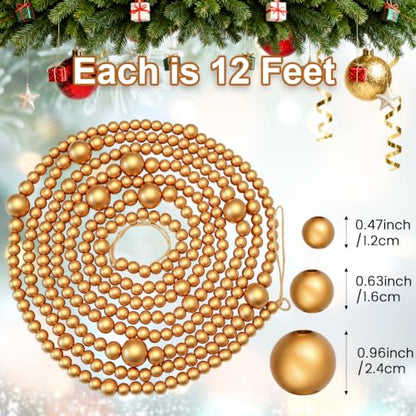 Gold Christmas Wood Bead Garland 12 FT Farmhouse Boho Tree Decor - Gold-12ft