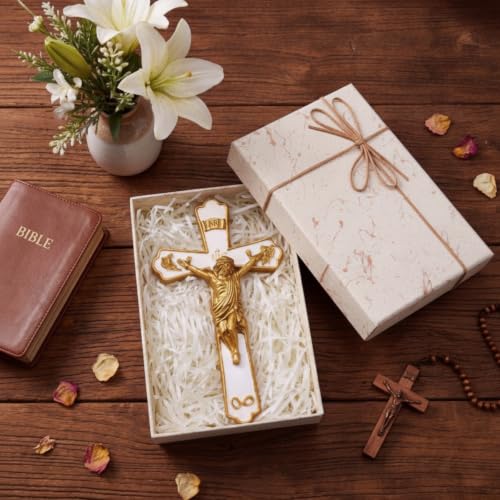 Catholic Wedding Wall Crucifix 7.9 Inch in White & Gold, Religious Wall Decor