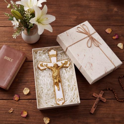 Catholic Wedding Wall Crucifix 7.9 Inch in White & Gold, Religious Wall Decor