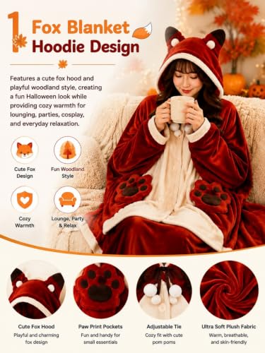 Halloween Wearable Blanket Hoodie - Plush Fox Cosplay, One Size