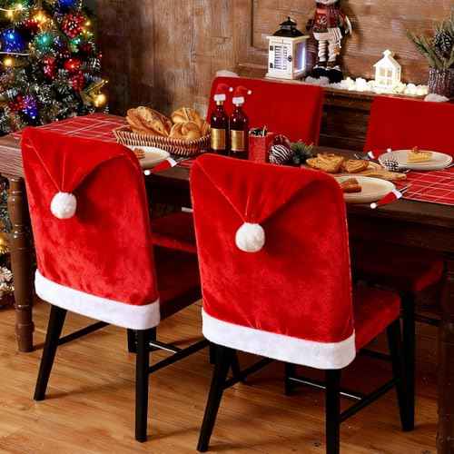 Christmas Chair Cover, Santa Hat Chair Covers with 4Pcs Silverware Holders Santa Chair Back Cover for Christmas Dinner Table Holiday Party Decoration
