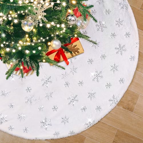 White Faux Fur Christmas Tree Skirt 48 Inch Silver Snowflakes Holiday Decor