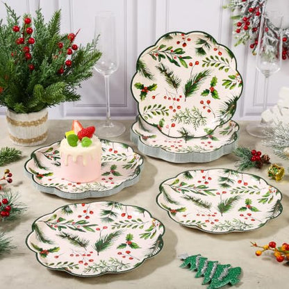 Holly Berry Christmas Paper Plates - 7 Inch Scalloped Holiday Party Disposables