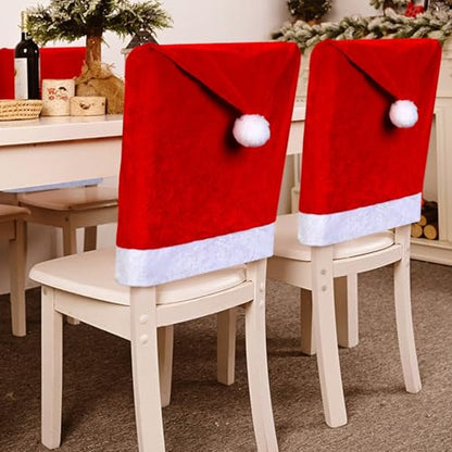 Christmas Chair Covers Set of 6 - Red Santa Hat Holiday Dining Decor