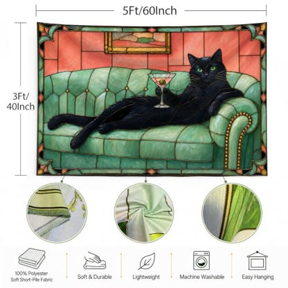 Black Cat Wall Tapestry - Green Couch & Wine Glass, 60x40 Inches - Variation of Black Cat Green Couch #TA005
