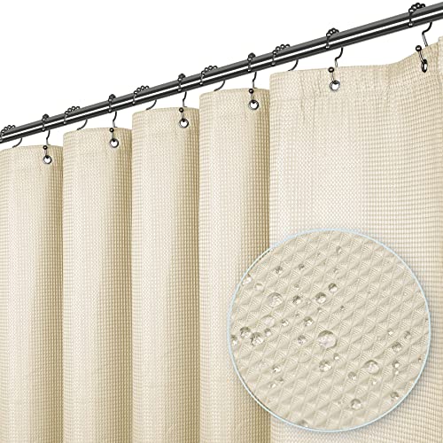 LiBa Waffle Weave Fabric Cream Shower Curtain, 72 W x 72 H Water Repellent & Heavyweight, Hotel Quality & Machine Washable Cloth Linen Shower Curtains Set and for Bathroom