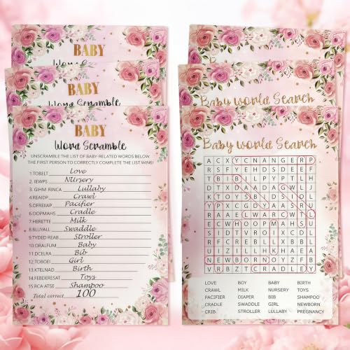 Baby Shower Games Set - 8-In-1 Floral Theme Party Activity Kit