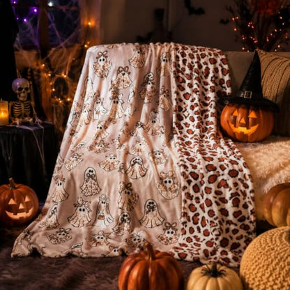Halloween Leopard Print Ghost Throw Blanket 60x50 Inch - Cozy Reversible Decor