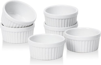 DOWAN Dipping Bowls - 1.5 Oz Mini Ramekins | Microwave & Oven Safe Porcelain Set of 6 - Soft White