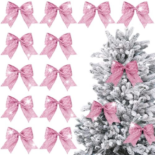 Pink Glitter Mesh Christmas Tree Bows - 12 Pack 6 Inch Holiday Decor