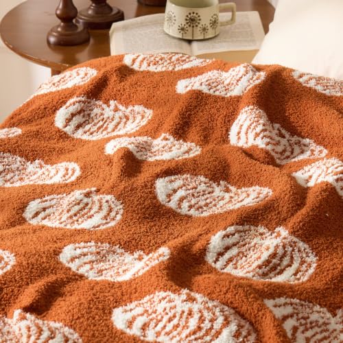 Pumpkin Fall Throw Blanket - Burnt Orange 50x60 with White Pumpkins - Seasonal Decor & Gift