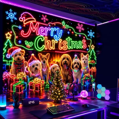 Neon UV Reactive Christmas Puppy Tapestry Wall Hanging - Holiday Decor for Bedroom & Pet Shop