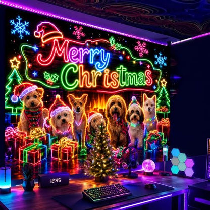 Neon UV Reactive Christmas Puppy Tapestry Wall Hanging - Holiday Decor for Bedroom & Pet Shop