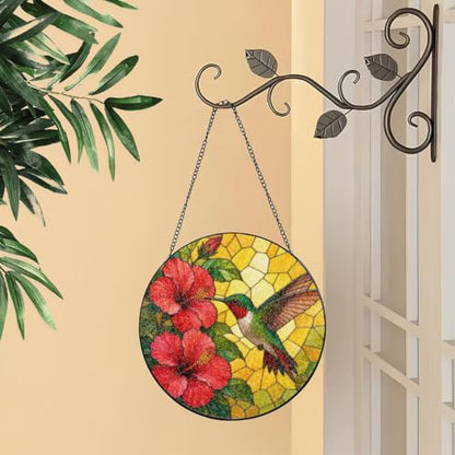 Hummingbird Stained Glass Window Hanging Sun Catcher - 6in Hibiscus Variation