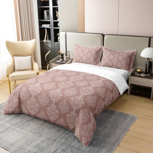 Vintage Damask Floral King Cotton Duvet Cover Set - Antique Pink Bedding