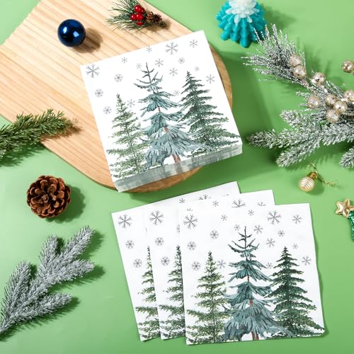 100 Pcs Christmas Tree Napkins 6.5 x 6.5 Inch Biodegradable 2-Ply Snowflake Pine Design