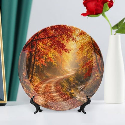 10 Inch Golden Autumn Path Ceramic Decorative Plate with Stand & Wall Hook