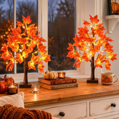 OLANRUN 2 Pack 24-Inch Lighted Fall Maple Trees with 48 LED Warm Lights & Leaves