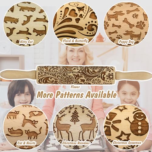 Embossed Rolling Pin for Baking Cookies Christmas Embossing Rolling Pins with Design Wooden Engraved Springerle Roller Pin Dough Patterned Clay Pottery Ceramic Bakers Women (Flower Snowflake Paisley)