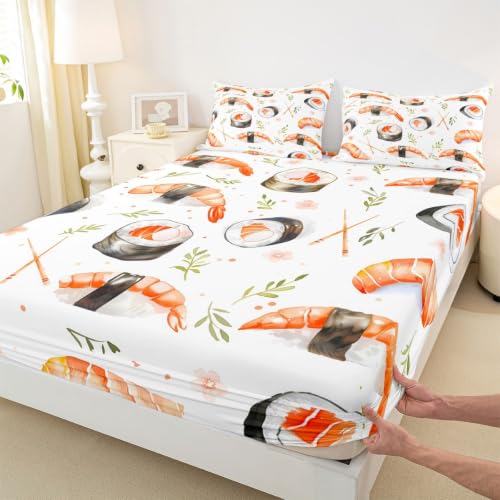 Kids Full Size Sushi Fitted Sheet Set Cartoon Salmon Watercolor Design - 3 Pcs