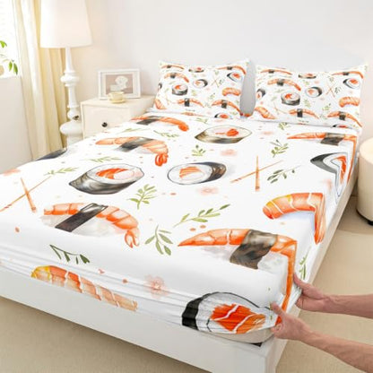 Kids Full Size Sushi Fitted Sheet Set Cartoon Salmon Watercolor Design - 3 Pcs