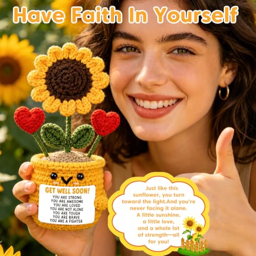 Get Well Soon Stress Relief Gift for Women & Men - Handmade Crochet Sunflower & Heart Decor