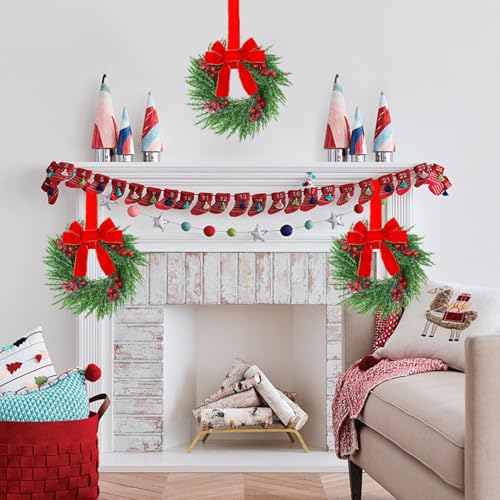 12 Pcs Mini Christmas Wreaths for Kitchen Cabinets with Red Velvet Bows - 12 Inch