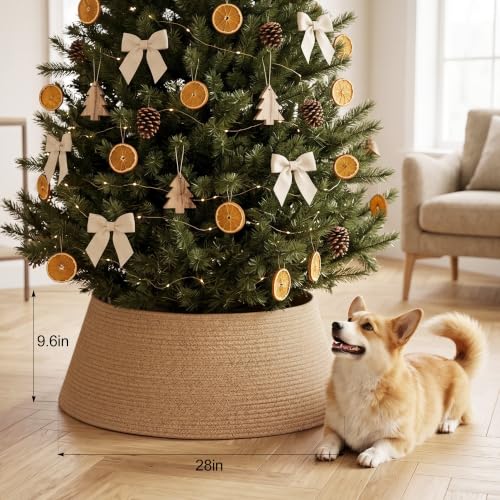 Brown Adjustable Woven Cotton Rope Christmas Tree Collar - Rustic Wicker Skirt for Artificial Trees
