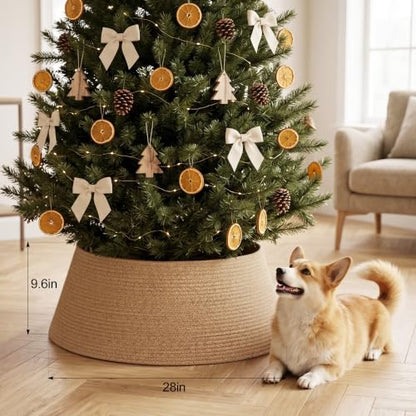 Brown Adjustable Woven Cotton Rope Christmas Tree Collar - Rustic Wicker Skirt for Artificial Trees