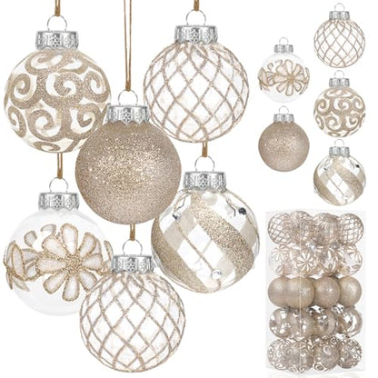 30 Pcs Farmhouse Champagne Christmas Ornaments - Rustic Shatterproof Decorative Balls for Tree & Holiday Decor