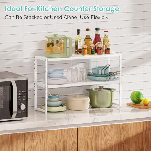 Expandable Adjustable Kitchen Shelf Organizer - Stackable Metal Storage Racks, 30LBS Capacity, 15.5-25.5 Inches