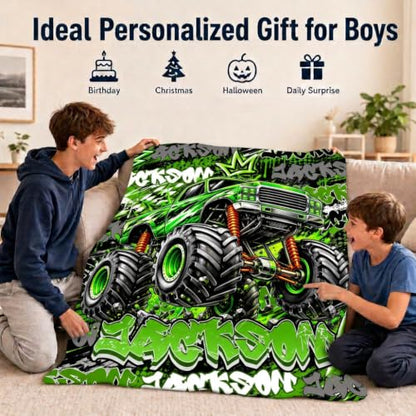 Personalized Boys Truck Blanket - Green Custom Throw for Kids Teens & Adults
