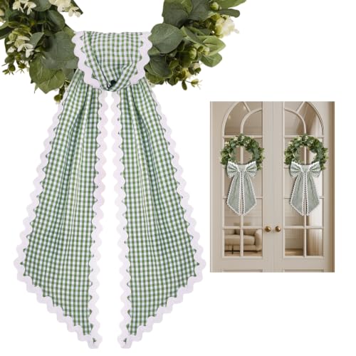 Green and White Plaid Wreath Sash with Scalloped Edge - Front Door Decor Set of 2