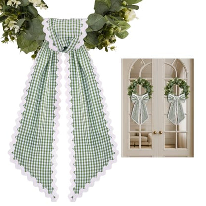 Green and White Plaid Wreath Sash with Scalloped Edge - Front Door Decor Set of 2