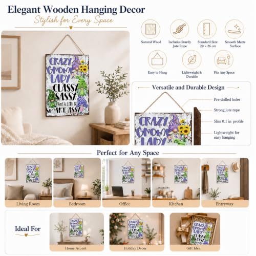 Funny Gnome Decor - Crazy Gnome Lady Sign, Rustic Wooden Wall Art - Style 01