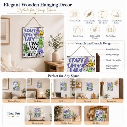Funny Gnome Decor - Crazy Gnome Lady Sign, Rustic Wooden Wall Art - Style 01