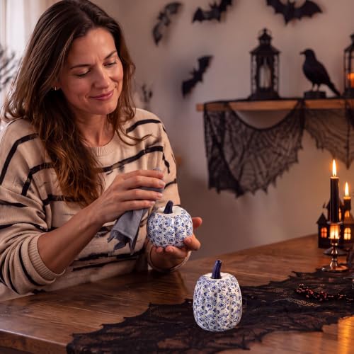 Set of 2 Blue and White Ceramic Pumpkin Decor for Thanksgiving - Chinoiserie Style