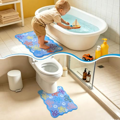 Cartoon Bubble Bath Rug Set Non-Slip Floral Bathroom Mat - Blue