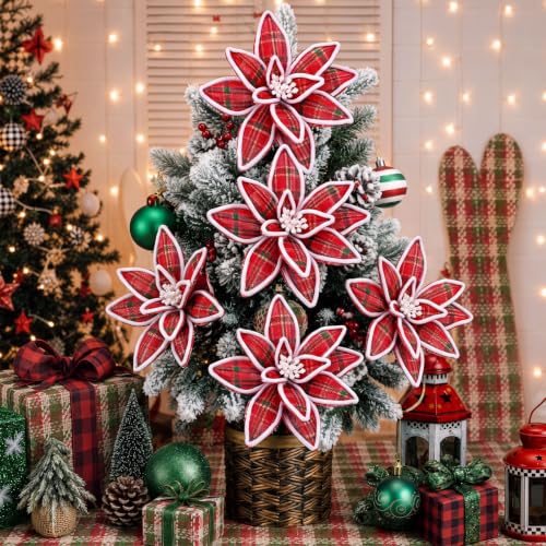 Red Plaid 12 Pcs 12'' Christmas Poinsettia Artificial Flowers - Flocked