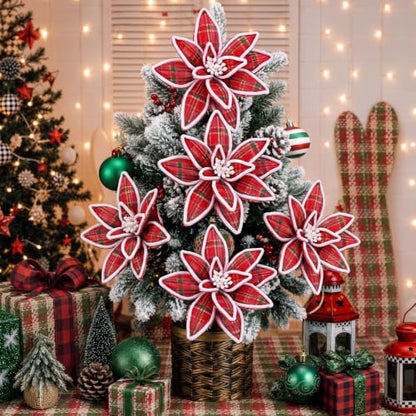 Red Plaid 12 Pcs 12'' Christmas Poinsettia Artificial Flowers - Flocked