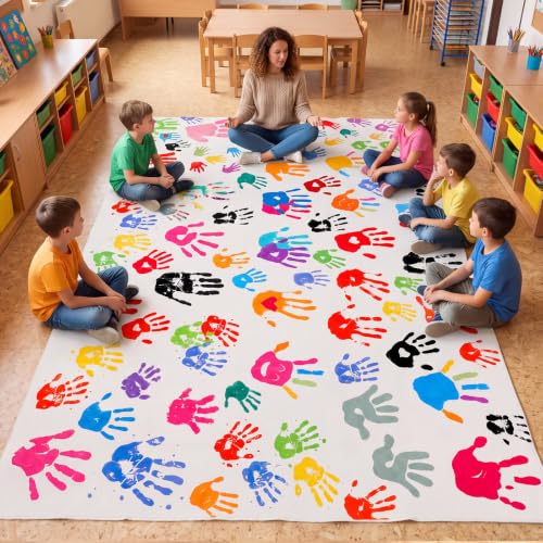 Colorful Handprints Classroom Rug 6x9 ft Washable Playroom Mat - Large Area Rug for School
