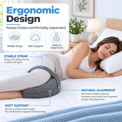 Memory Foam Knee Pillow for Side Sleepers with Adjustable Strap - Hip & Back Pain Relief
