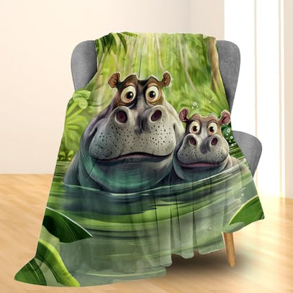 Cute Cartoon Hippo Flannel Throw Blanket 80x60 Inches - Soft Cozy Animal Blanket for Couch Bed Travel & Home Decor - Hippo22